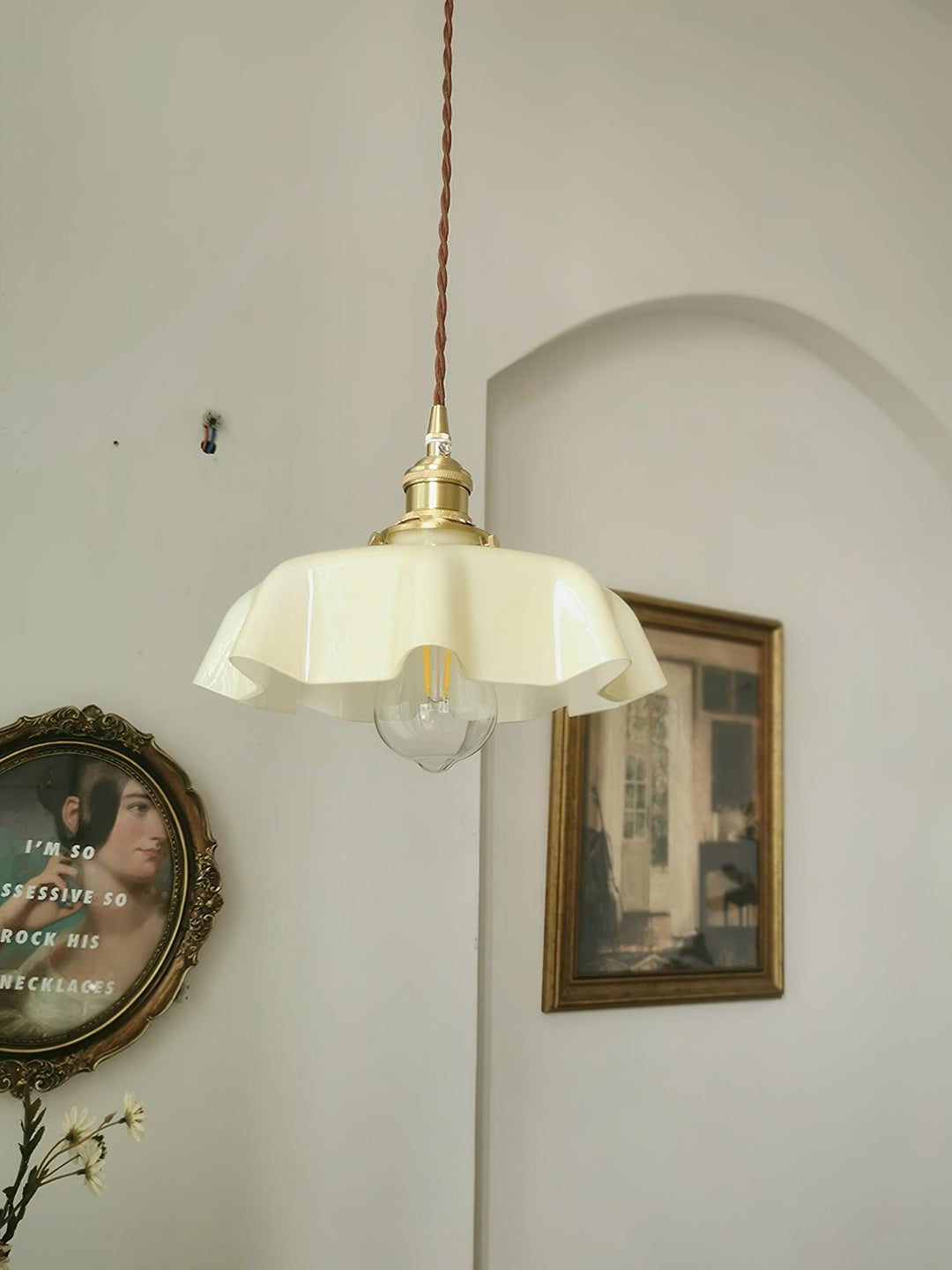 Ceramic Pendant Light 9.8 in x 5.1 in Adjustable Ceiling Indoor White Beige Pink Blue Vintage Lampshade | Kalsten