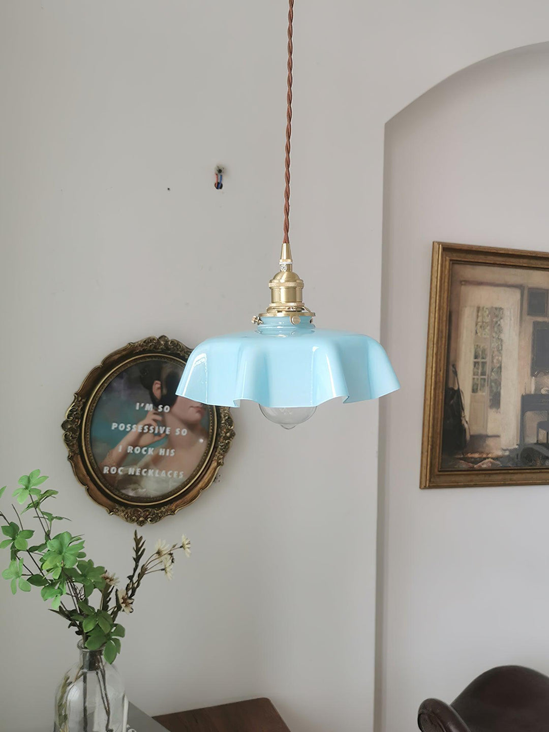 Ceramic Pendant Light 9.8 in x 5.1 in Adjustable Ceiling Indoor White Beige Pink Blue Vintage Lampshade | Kalsten
