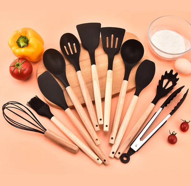Kalsten | Non-Toxic BPA-Free Silicone Cooking Utensil Set with Wooden Handles Lattea