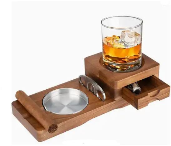 Kalsten | CigarOak Ashtray with Whiskey Holder – Luxury Wooden Tray for Cigar Lovers