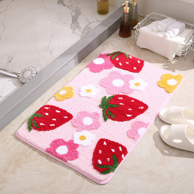 Cute Strawberry Motif Bath Rug – Non-Slip and Washable, Decorative Rug for Bathroom and Children's Room | Kalsten