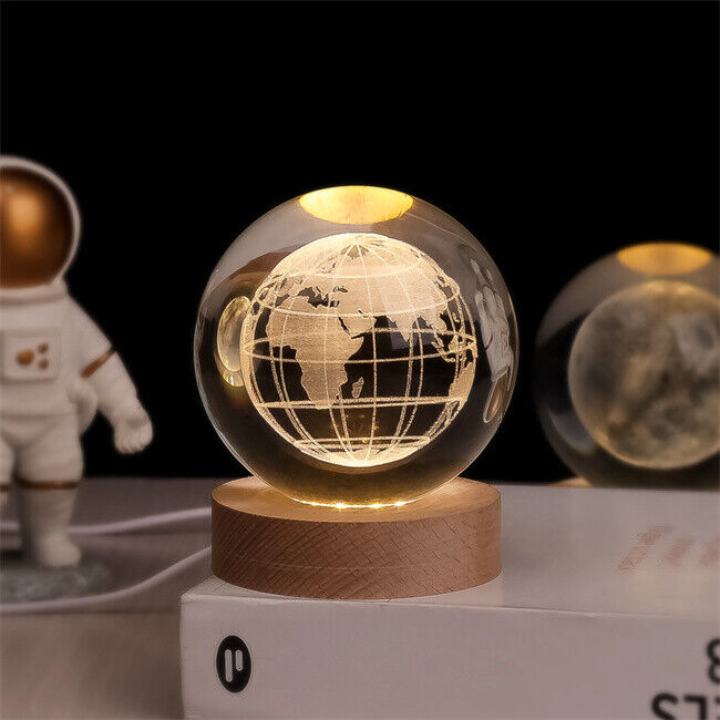 Glowing crystal ball with LED – Decorative 3D glass ball with galaxy design and wooden base | Kalsten