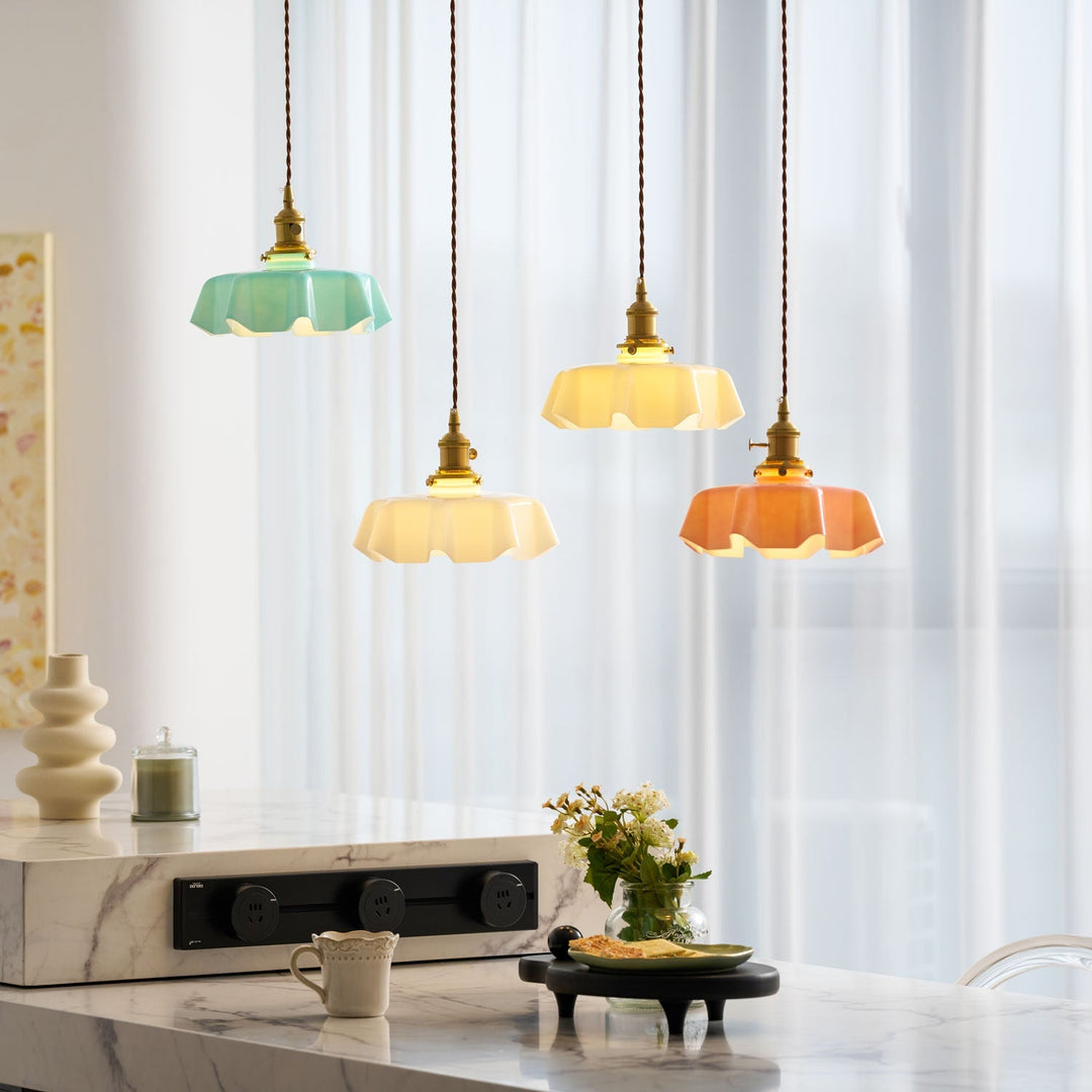 Ceramic Pendant Light 9.8 in x 5.1 in Adjustable Ceiling Indoor White Beige Pink Blue Vintage Lampshade | Kalsten