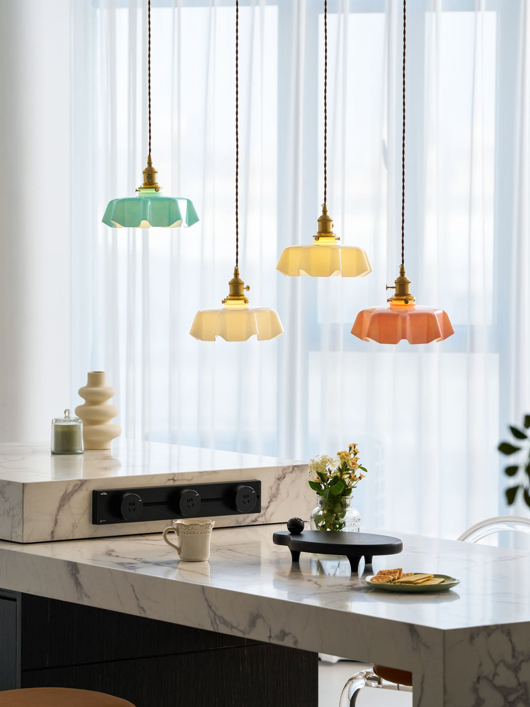 Ceramic Pendant Light 9.8 in x 5.1 in Adjustable Ceiling Indoor White Beige Pink Blue Vintage Lampshade | Kalsten