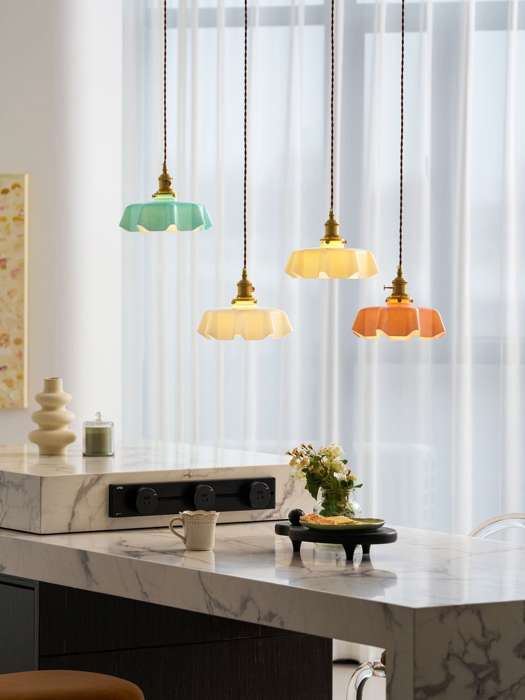 Ceramic Pendant Light 9.8 in x 5.1 in Adjustable Ceiling Indoor White Beige Pink Blue Vintage Lampshade | Kalsten