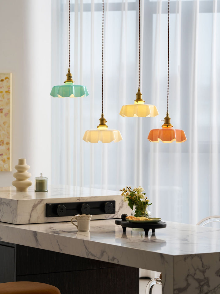 Ceramic Pendant Light 9.8 in x 5.1 in Adjustable Ceiling Indoor White Beige Pink Blue Vintage Lampshade | Kalsten