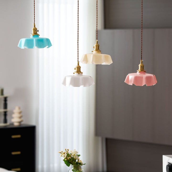 Ceramic Pendant Light 9.8 in x 5.1 in Adjustable Ceiling Indoor White Beige Pink Blue Vintage Lampshade | Kalsten