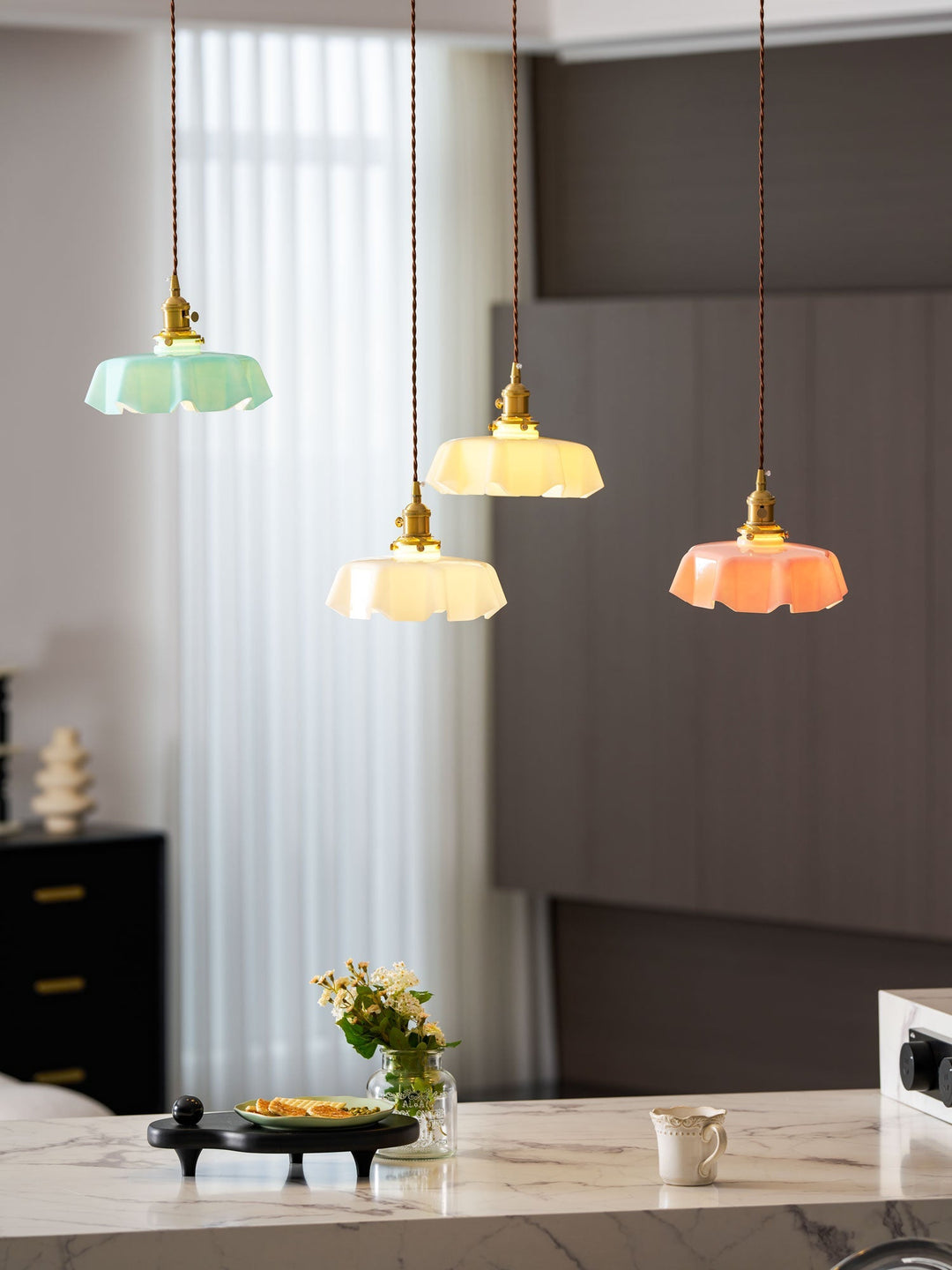 Ceramic Pendant Light 9.8 in x 5.1 in Adjustable Ceiling Indoor White Beige Pink Blue Vintage Lampshade | Kalsten