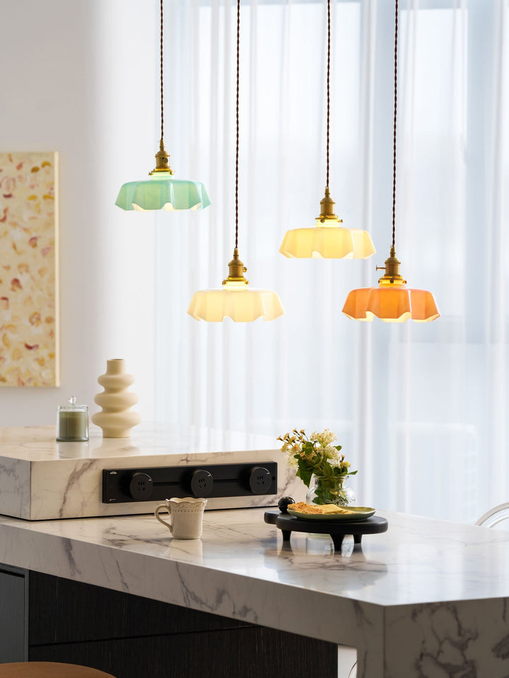 Ceramic Pendant Light 9.8 in x 5.1 in Adjustable Ceiling Indoor White Beige Pink Blue Vintage Lampshade | Kalsten