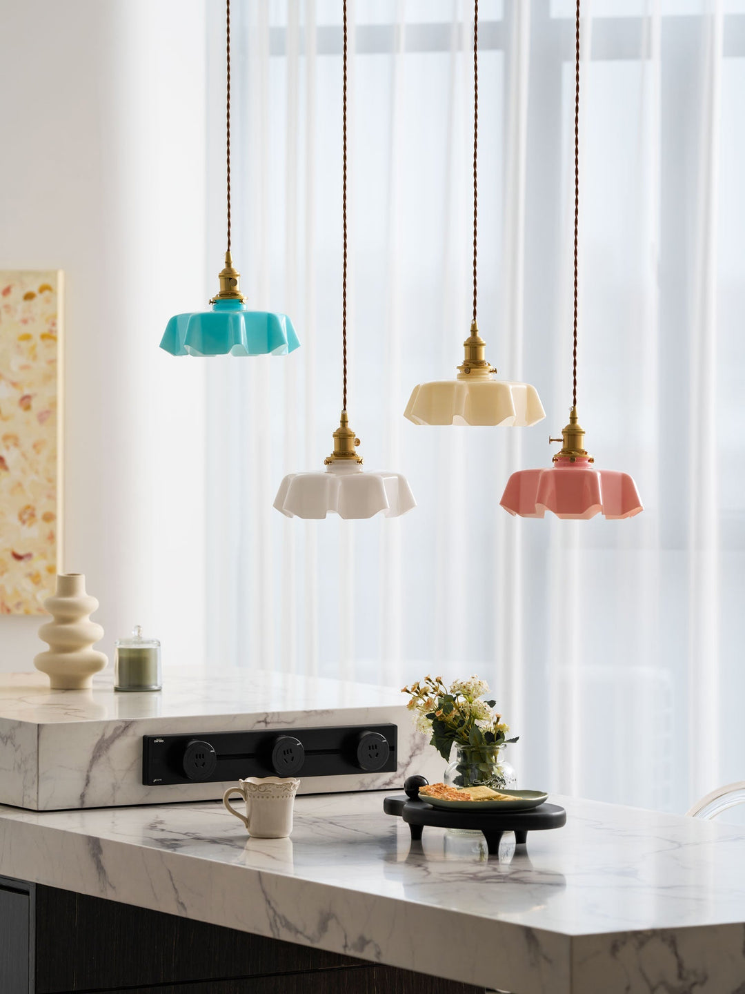 Ceramic Pendant Light 9.8 in x 5.1 in Adjustable Ceiling Indoor White Beige Pink Blue Vintage Lampshade | Kalsten