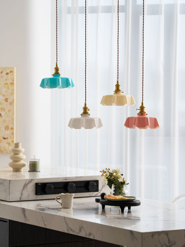Ceramic Pendant Light 9.8 in x 5.1 in Adjustable Ceiling Indoor White Beige Pink Blue Vintage Lampshade | Kalsten