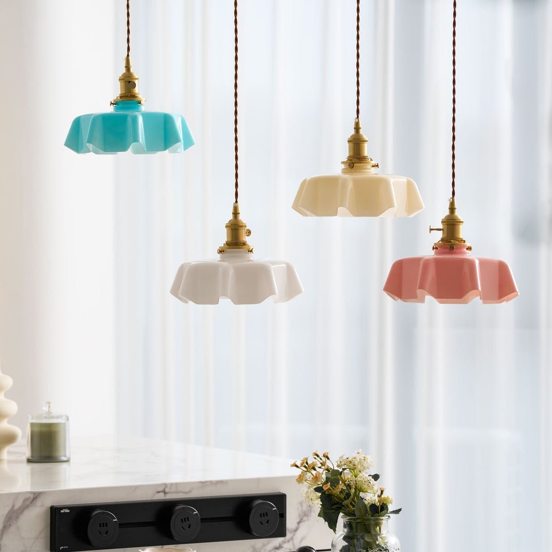 Ceramic Pendant Light 9.8 in x 5.1 in Adjustable Ceiling Indoor White Beige Pink Blue Vintage Lampshade | Kalsten