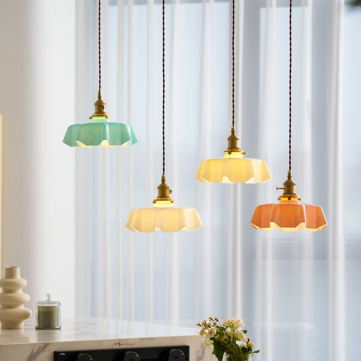Ceramic Pendant Light 9.8 in x 5.1 in Adjustable Ceiling Indoor White Beige Pink Blue Vintage Lampshade | Kalsten