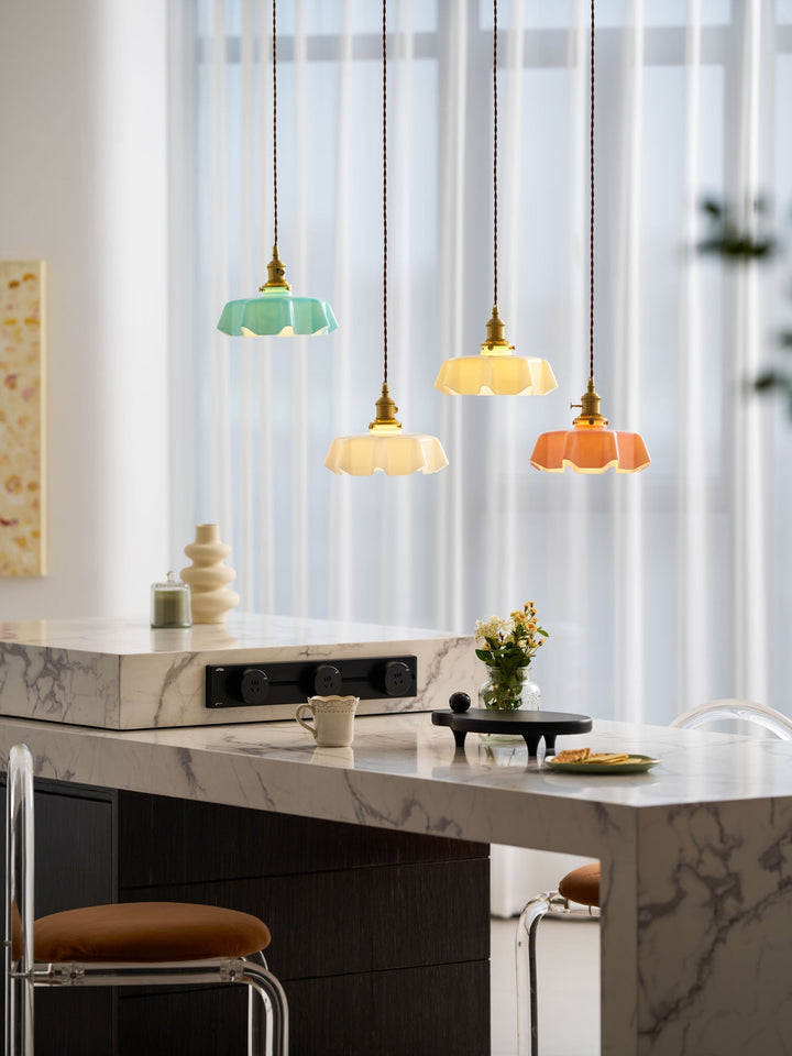 Ceramic Pendant Light 9.8 in x 5.1 in Adjustable Ceiling Indoor White Beige Pink Blue Vintage Lampshade | Kalsten