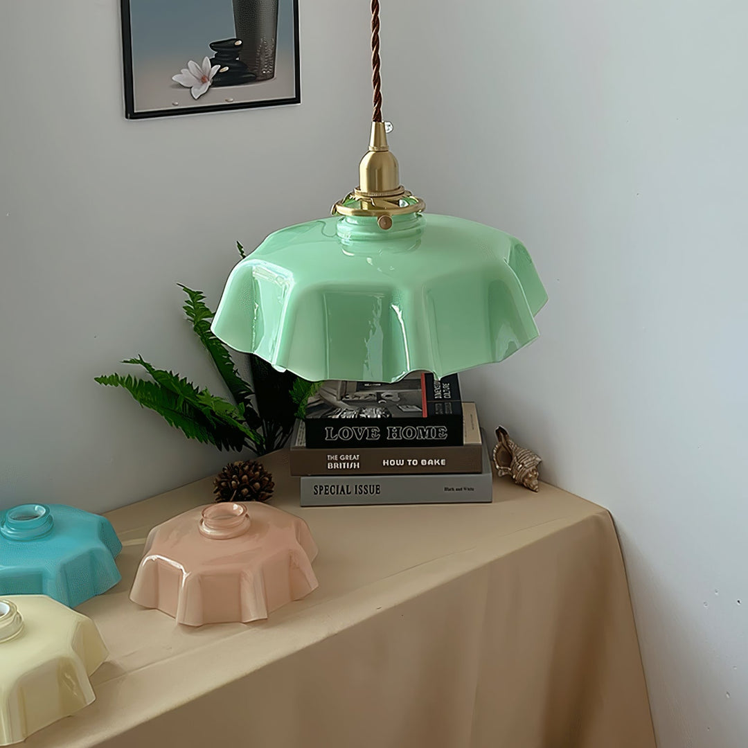 Ceramic Pendant Light 9.8 in x 5.1 in Adjustable Ceiling Indoor White Beige Pink Blue Vintage Lampshade | Kalsten