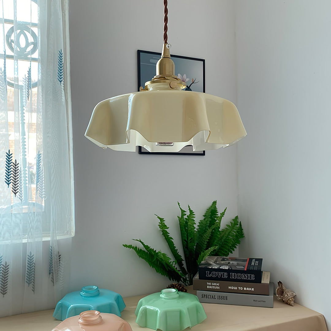 Ceramic Pendant Light 9.8 in x 5.1 in Adjustable Ceiling Indoor White Beige Pink Blue Vintage Lampshade | Kalsten