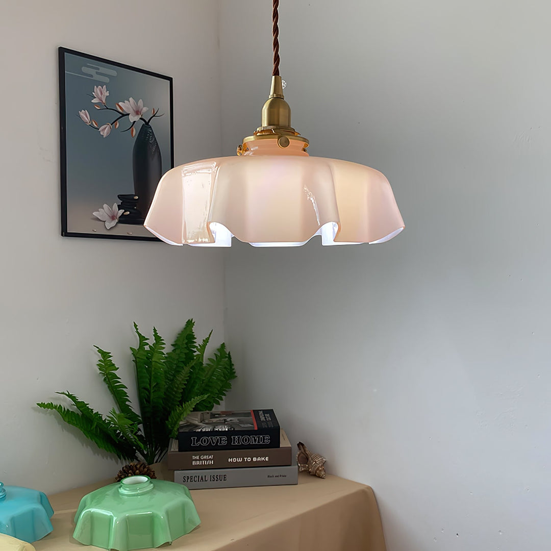 Ceramic Pendant Light 9.8 in x 5.1 in Adjustable Ceiling Indoor White Beige Pink Blue Vintage Lampshade | Kalsten