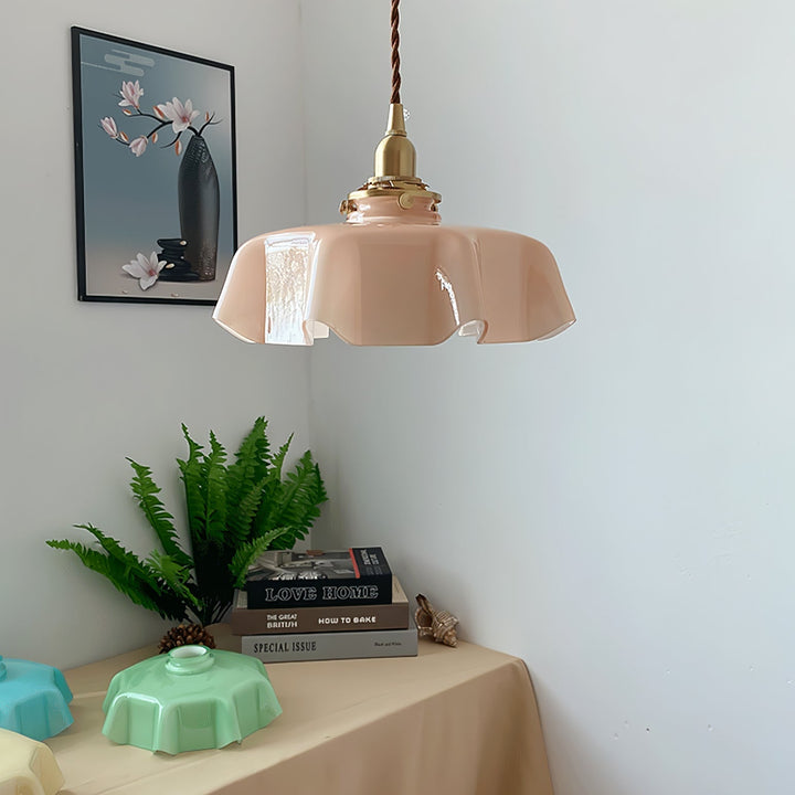 Ceramic Pendant Light 9.8 in x 5.1 in Adjustable Ceiling Indoor White Beige Pink Blue Vintage Lampshade | Kalsten