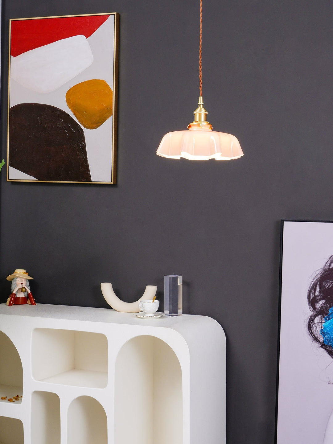 Ceramic Pendant Light 9.8 in x 5.1 in Adjustable Ceiling Indoor White Beige Pink Blue Vintage Lampshade | Kalsten