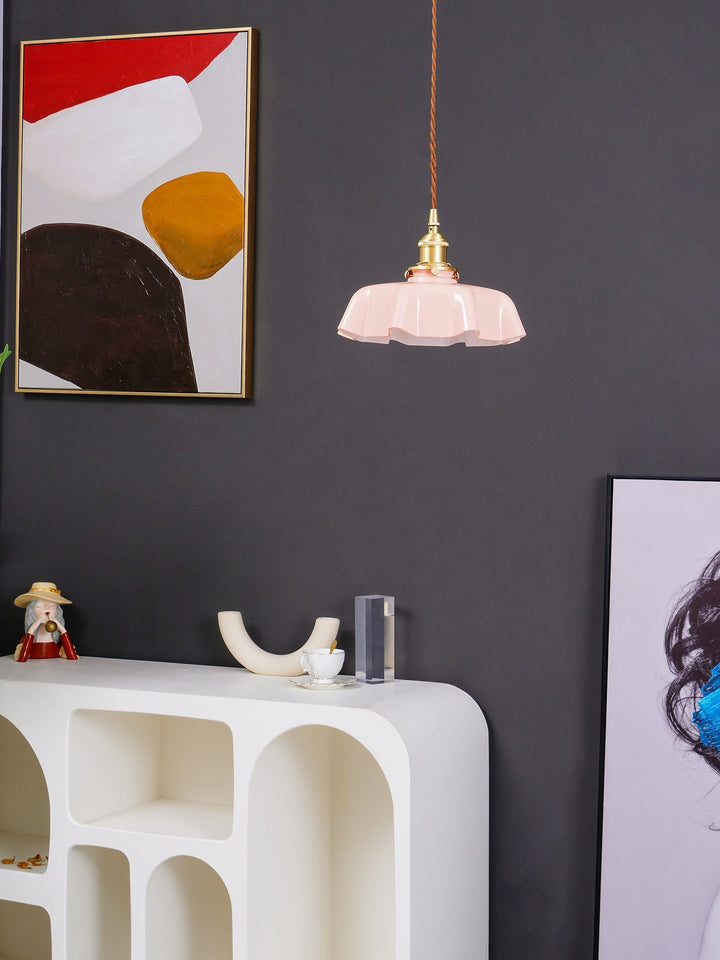 Ceramic Pendant Light 9.8 in x 5.1 in Adjustable Ceiling Indoor White Beige Pink Blue Vintage Lampshade | Kalsten