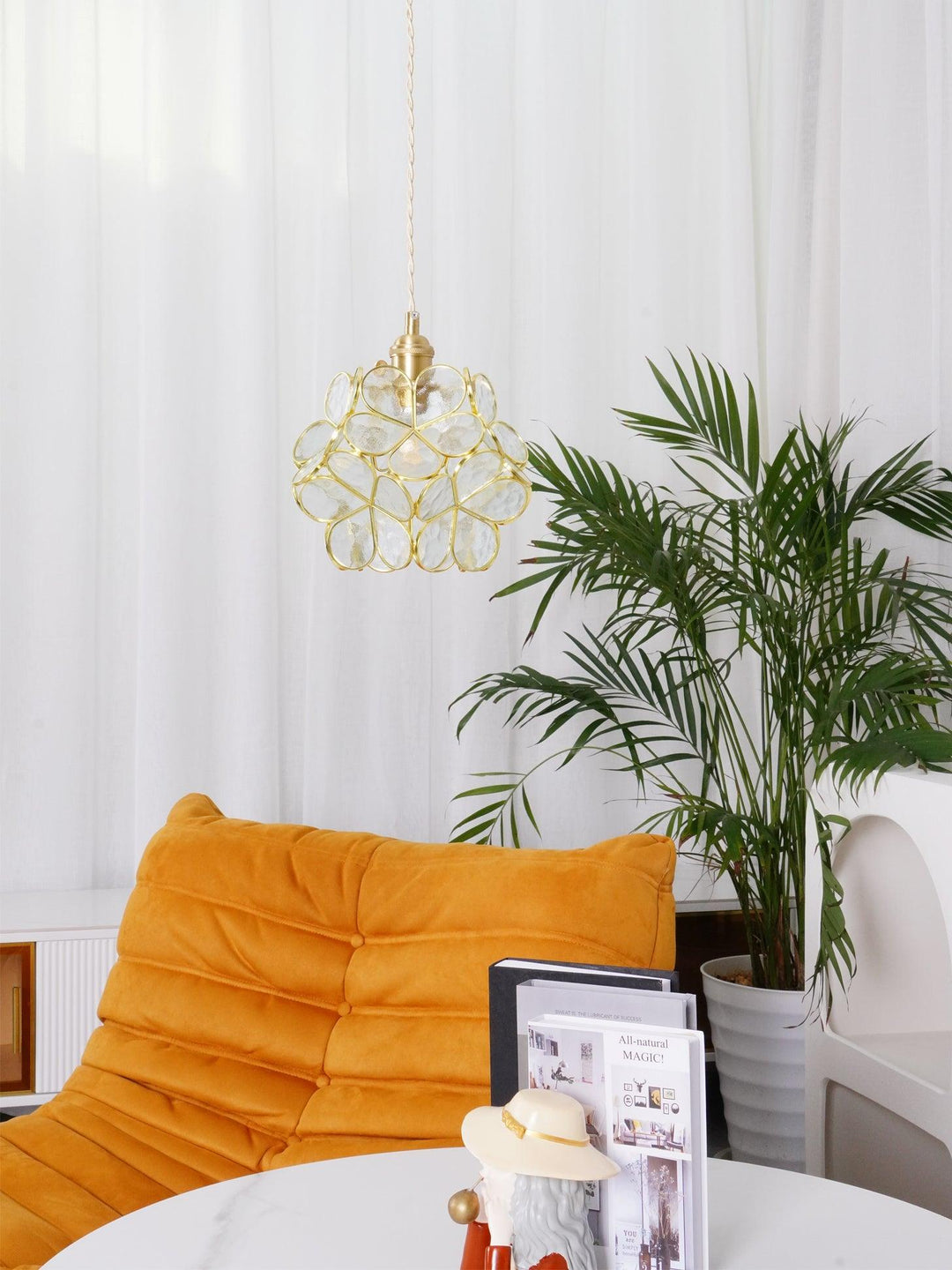 Pendant Light Brass Glass 7.9 in Petal Shape Indoor Ceiling Lamp Adjustable Hanging Height | Kalsten