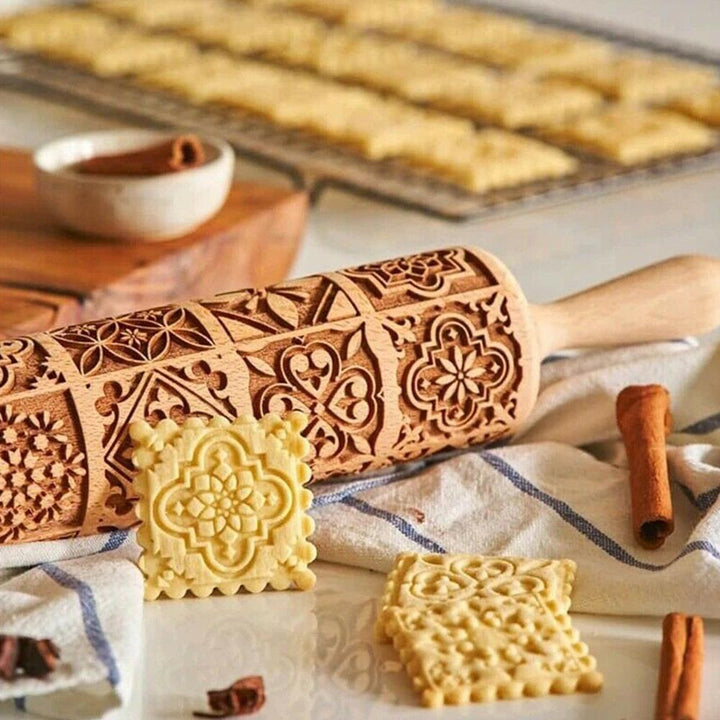 Kalsten | Embossed Wooden Rolling Pin | Holiday Cookie Engraver | Handcrafted Beech Wood | JollyRoller