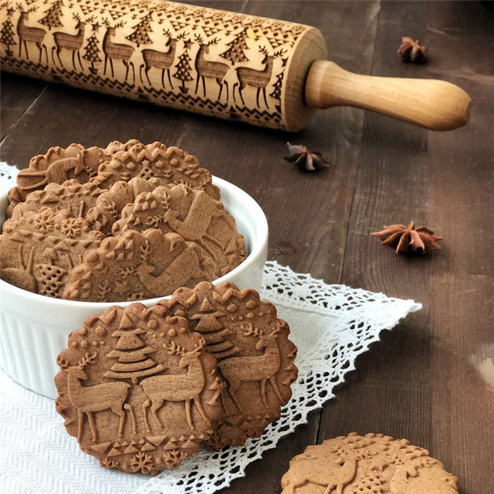 Kalsten | Embossed Wooden Rolling Pin | Holiday Cookie Engraver | Handcrafted Beech Wood | JollyRoller