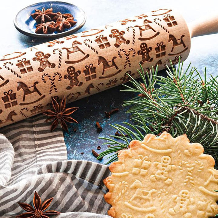 Kalsten | Embossed Wooden Rolling Pin | Holiday Cookie Engraver | Handcrafted Beech Wood | JollyRoller