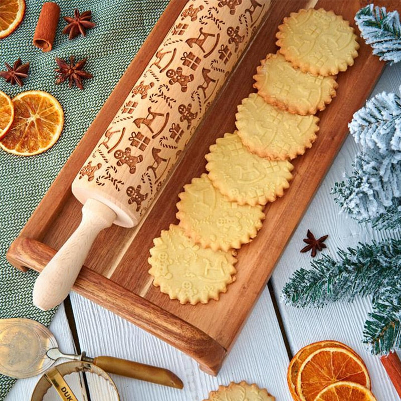 Kalsten | Embossed Wooden Rolling Pin | Holiday Cookie Engraver | Handcrafted Beech Wood | JollyRoller