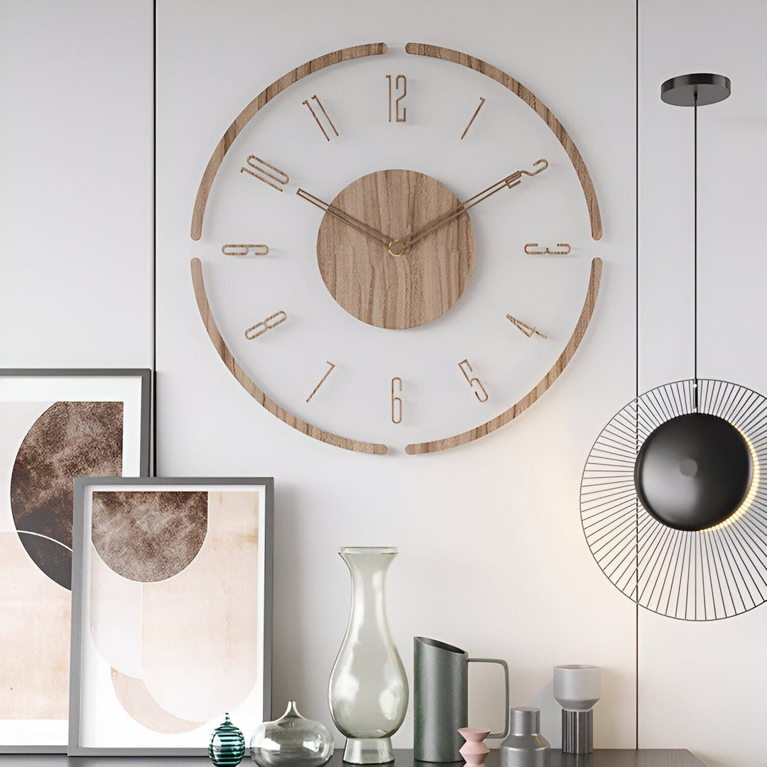 ClearWood Transparent Wall Clock – Silent Quartz with Wooden Details | Kalsten