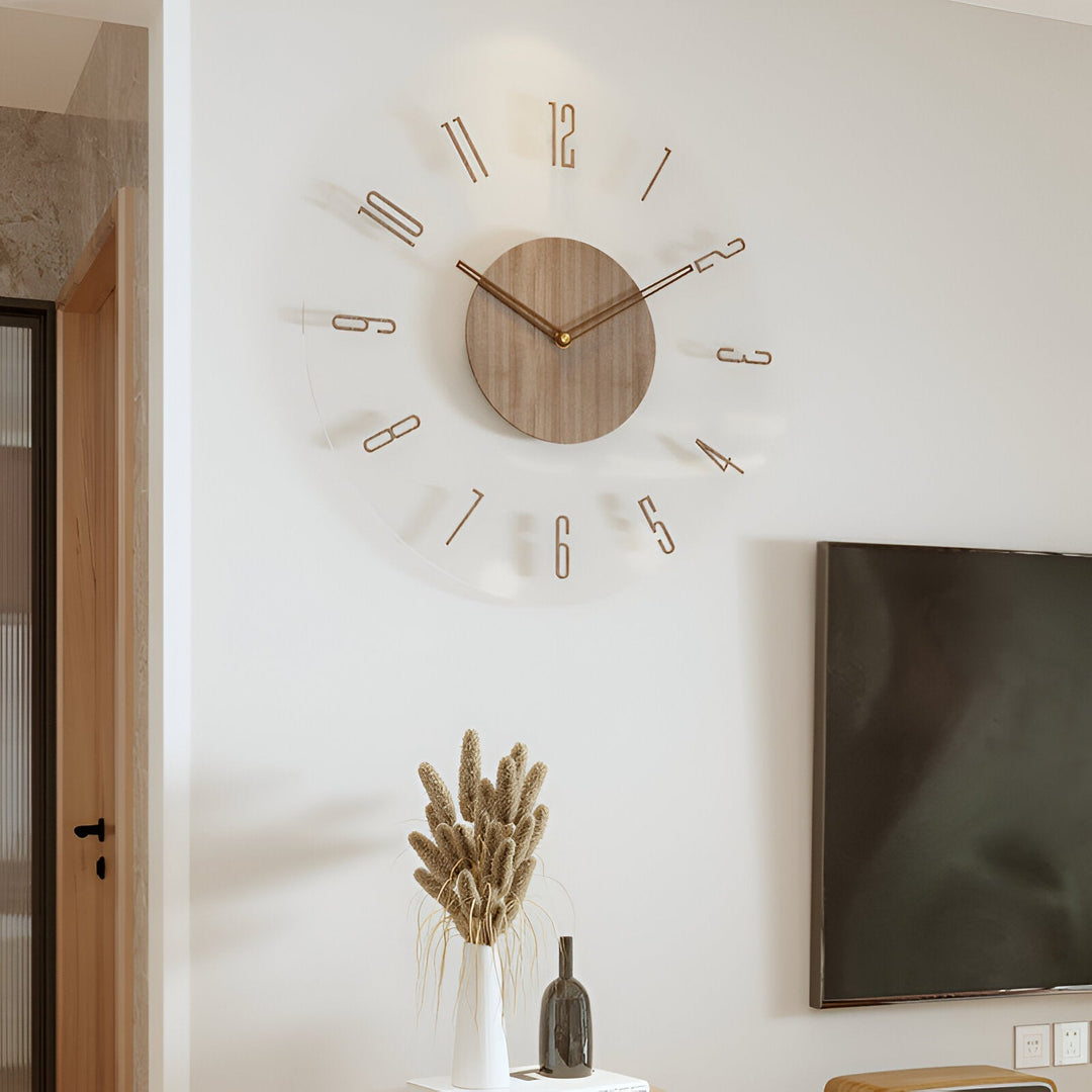 ClearWood Transparent Wall Clock – Silent Quartz with Wooden Details | Kalsten
