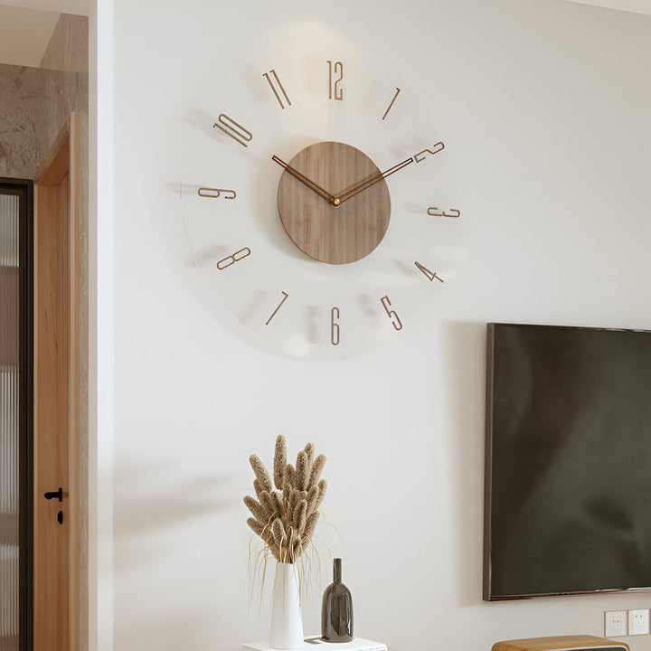 ClearWood Transparent Wall Clock – Silent Quartz with Wooden Details | Kalsten