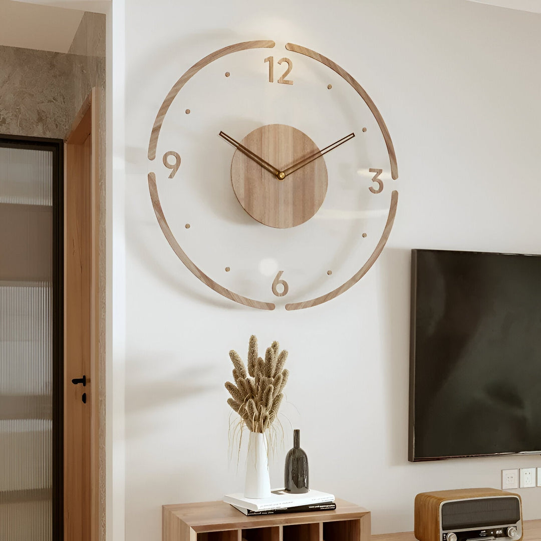 ClearWood Transparent Wall Clock – Silent Quartz with Wooden Details | Kalsten