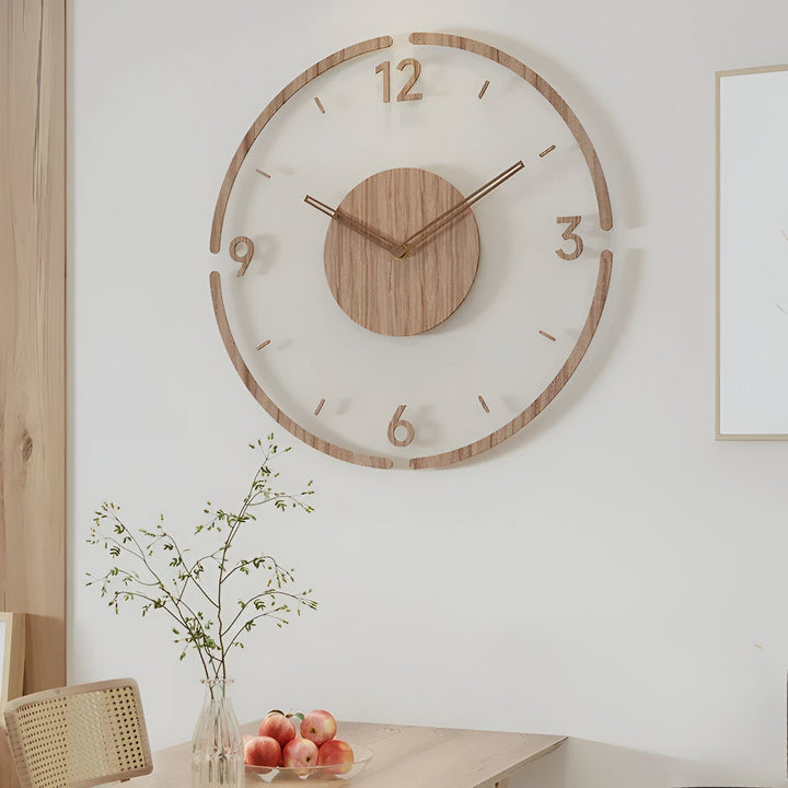ClearWood Transparent Wall Clock – Silent Quartz with Wooden Details | Kalsten