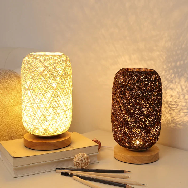 HolzLuma LED Table Lamp | Handmade from Wood & Rope | Warm White Light | For Bedroom & Living Room | Kalsten