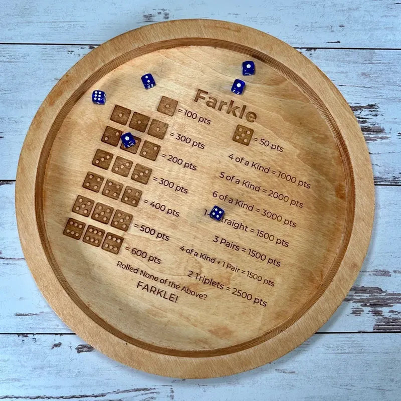 Kalsten | EcoToys FarkleWood | Wooden Farkle Dice Game Tray with Engraved Score Table - 6 Dice for Cozy Game Nights