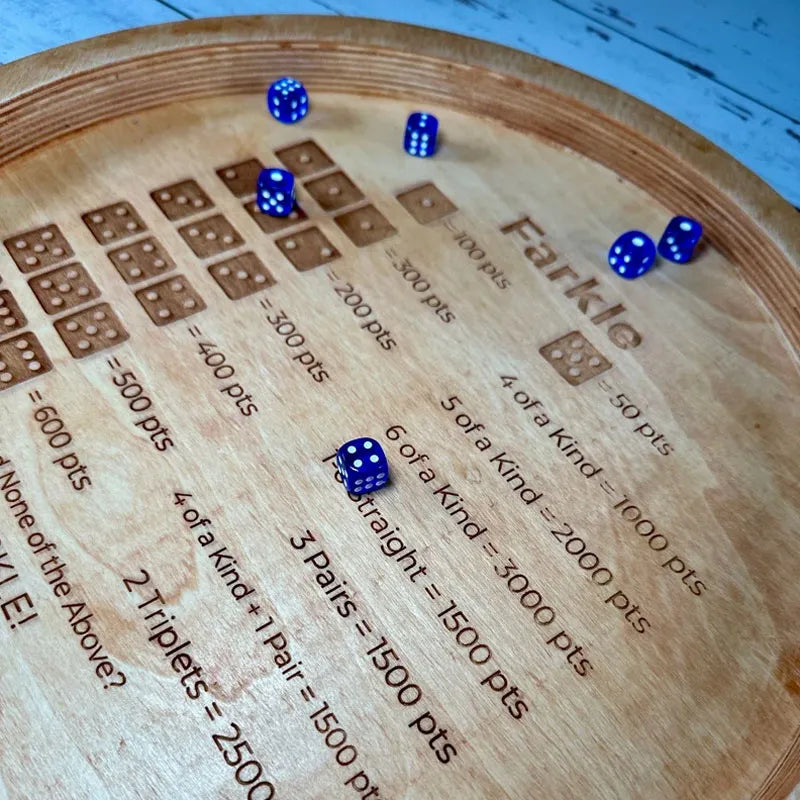 Kalsten | EcoToys FarkleWood | Wooden Farkle Dice Game Tray with Engraved Score Table - 6 Dice for Cozy Game Nights