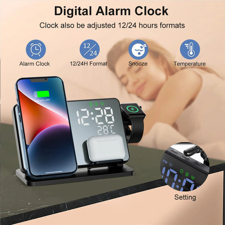 Kalsten | 3-in-1 Quick Charge Station | Premium Wireless Fast Charging Docking Station with Alarm Clock | for Apple iPhone, Watch & AirPods