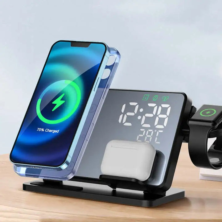 Kalsten | 3-in-1 Quick Charge Station | Premium Wireless Fast Charging Docking Station with Alarm Clock | for Apple iPhone, Watch & AirPods