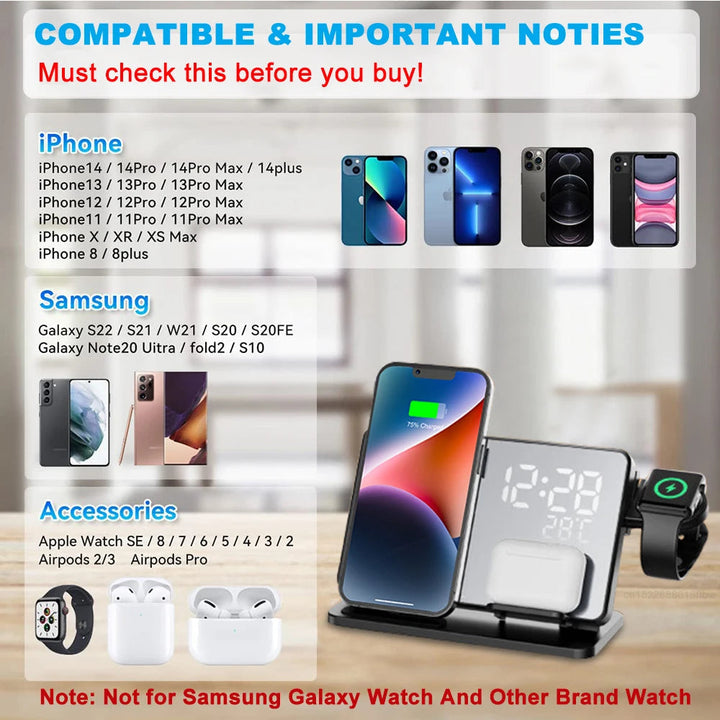 Kalsten | 3-in-1 Quick Charge Station | Premium Wireless Fast Charging Docking Station with Alarm Clock | for Apple iPhone, Watch & AirPods