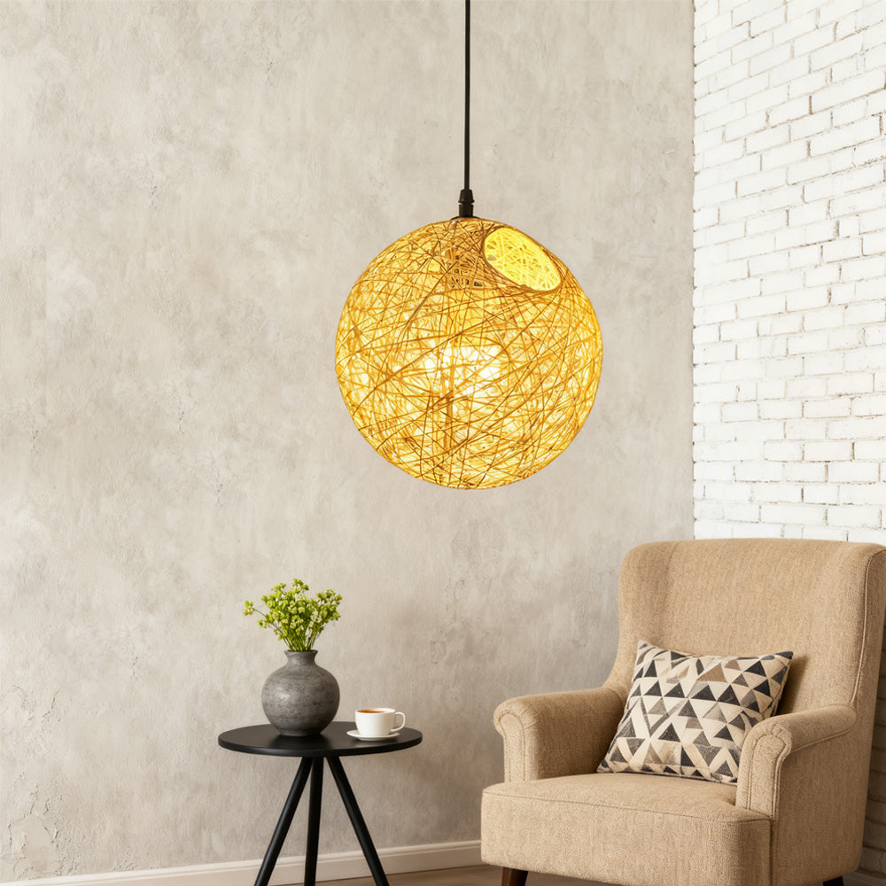 Pendant Light Rattan 15.8 in Indoor Dining Room Living Room Hanging Ceiling Lamp Soft Glow Decorative Accent | Kalsten