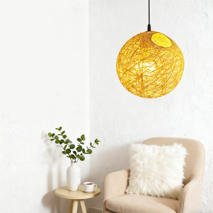 Pendant Light Rattan 15.8 in Indoor Dining Room Living Room Hanging Ceiling Lamp Soft Glow Decorative Accent | Kalsten