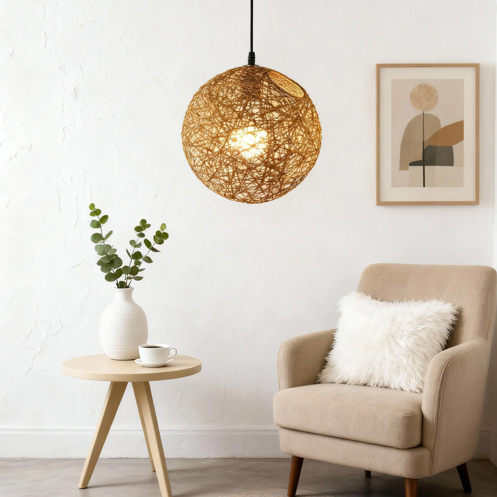 Pendant Light Rattan 15.8 in Indoor Dining Room Living Room Hanging Ceiling Lamp Soft Glow Decorative Accent | Kalsten