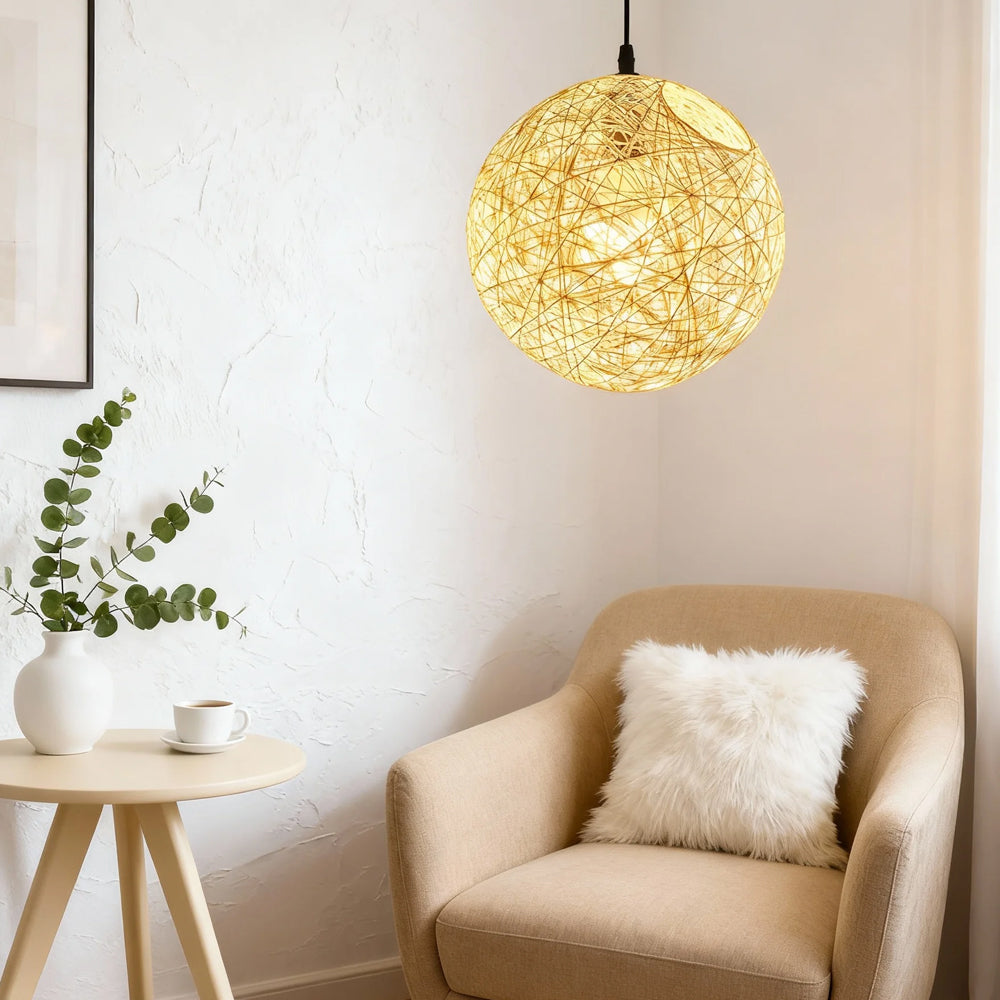 Pendant Light Rattan 15.8 in Indoor Dining Room Living Room Hanging Ceiling Lamp Soft Glow Decorative Accent | Kalsten
