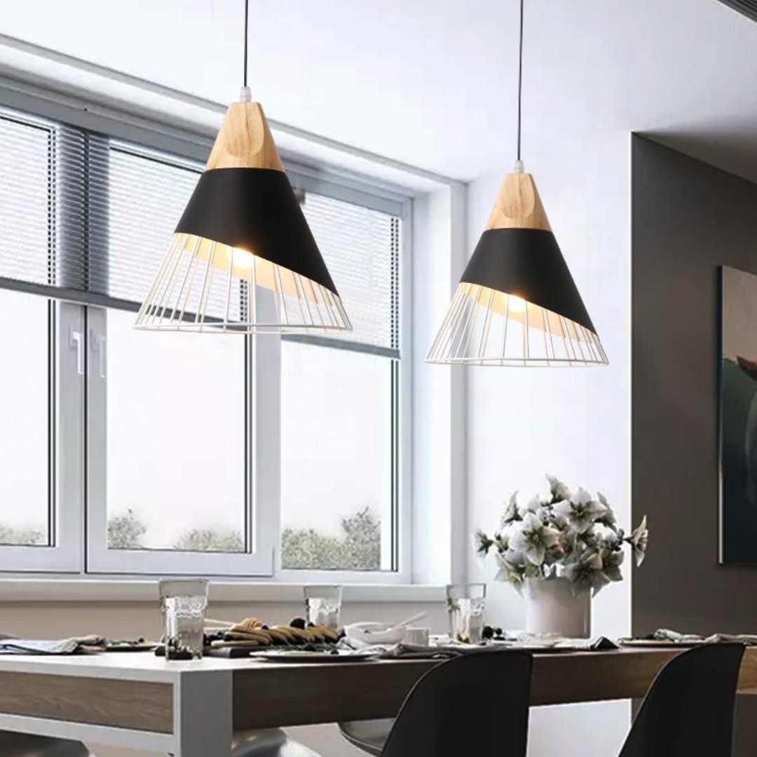 Modern Industrial Pendant Light in Scandinavian Style – Wood & Metal Kalsten