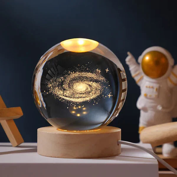 Glowing crystal ball with LED – Decorative 3D glass ball with galaxy design and wooden base | Kalsten