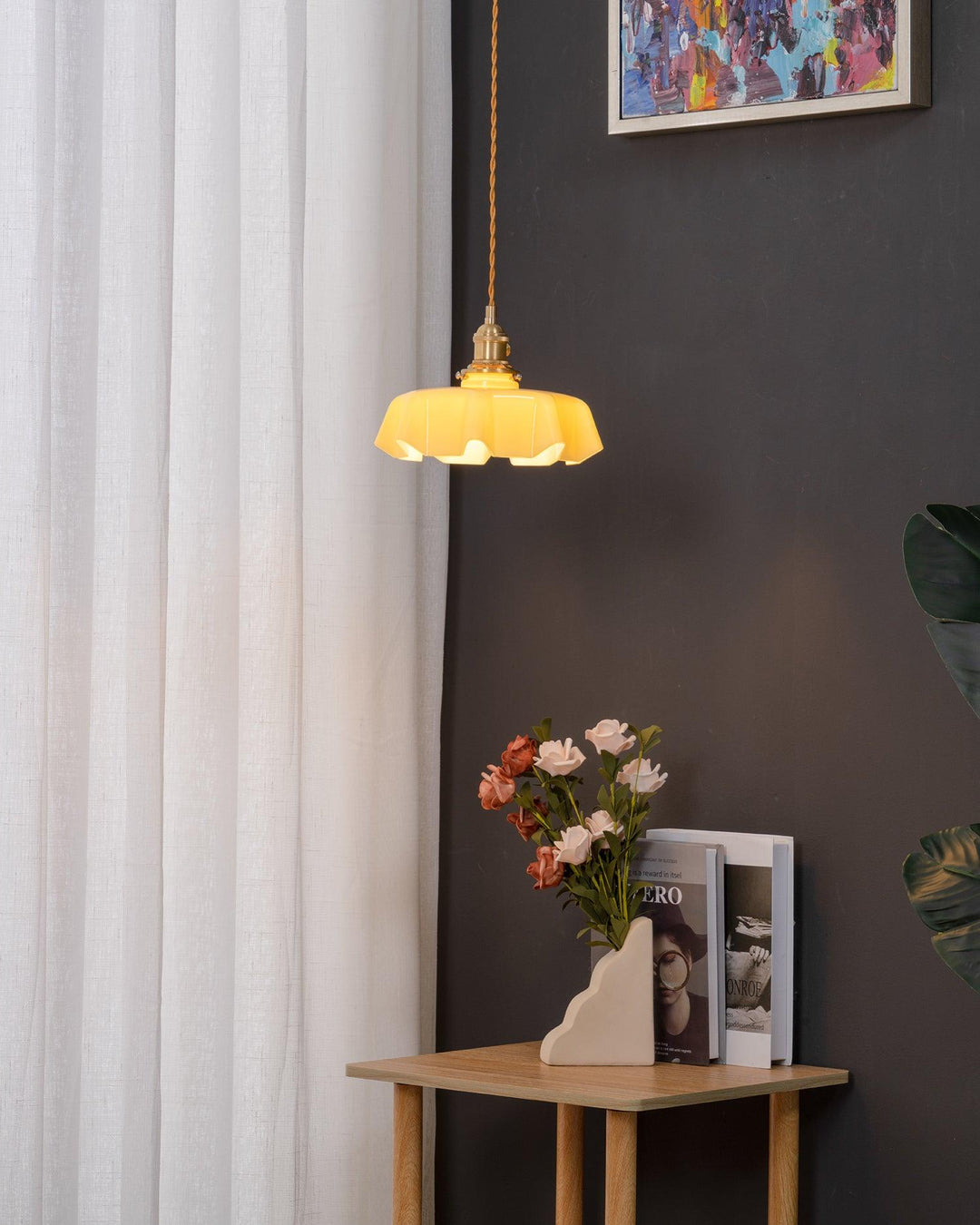 Ceramic Pendant Light 9.8 in x 5.1 in Adjustable Ceiling Indoor White Beige Pink Blue Vintage Lampshade | Kalsten
