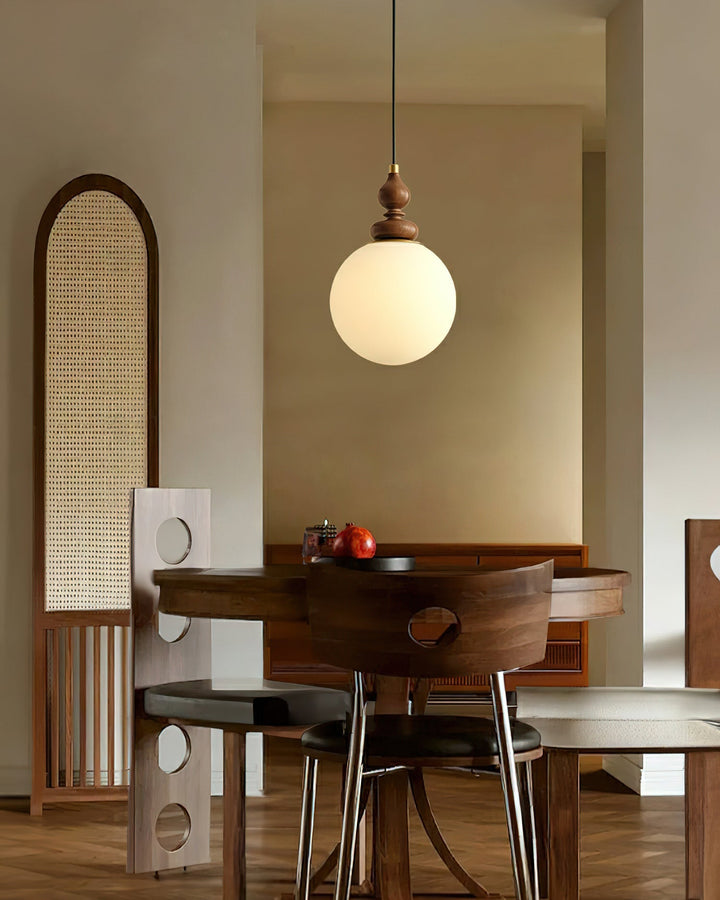 Pendant Light Wood 7.1 in Diameter Milky White Glass Adjustable Ceiling Dining Room Bedroom Lighting | Kalsten