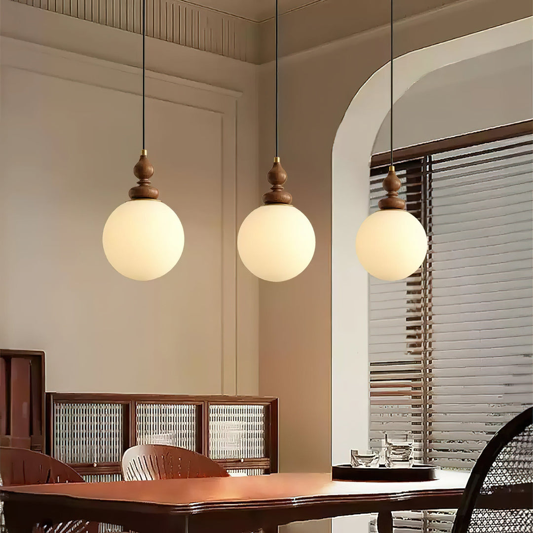Pendant Light Wood 7.1 in Diameter Milky White Glass Adjustable Ceiling Dining Room Bedroom Lighting | Kalsten