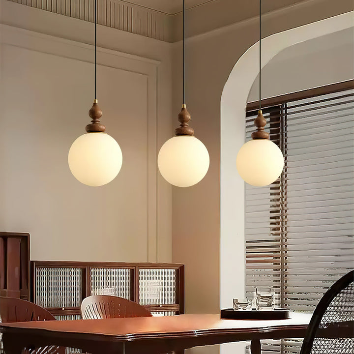 Pendant Light Wood 7.1 in Diameter Milky White Glass Adjustable Ceiling Dining Room Bedroom Lighting | Kalsten